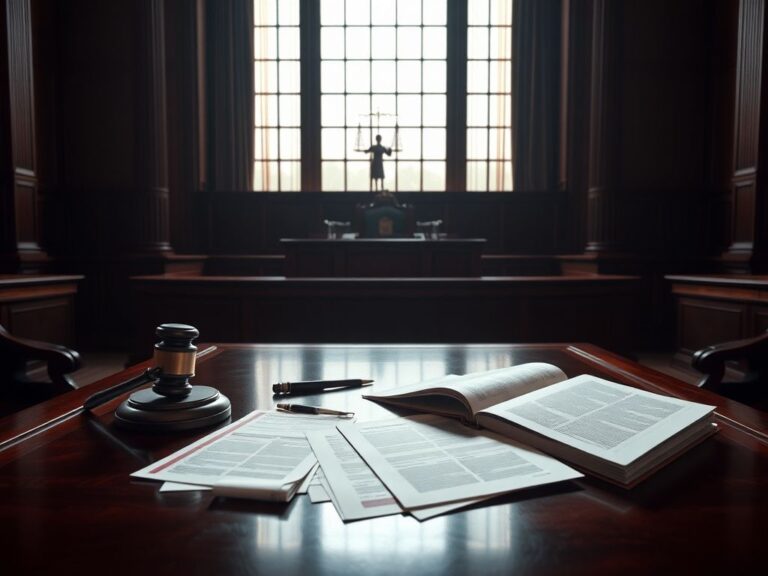 Flick International Dramatic courtroom scene showcasing a wooden judge's bench and empty witness stand