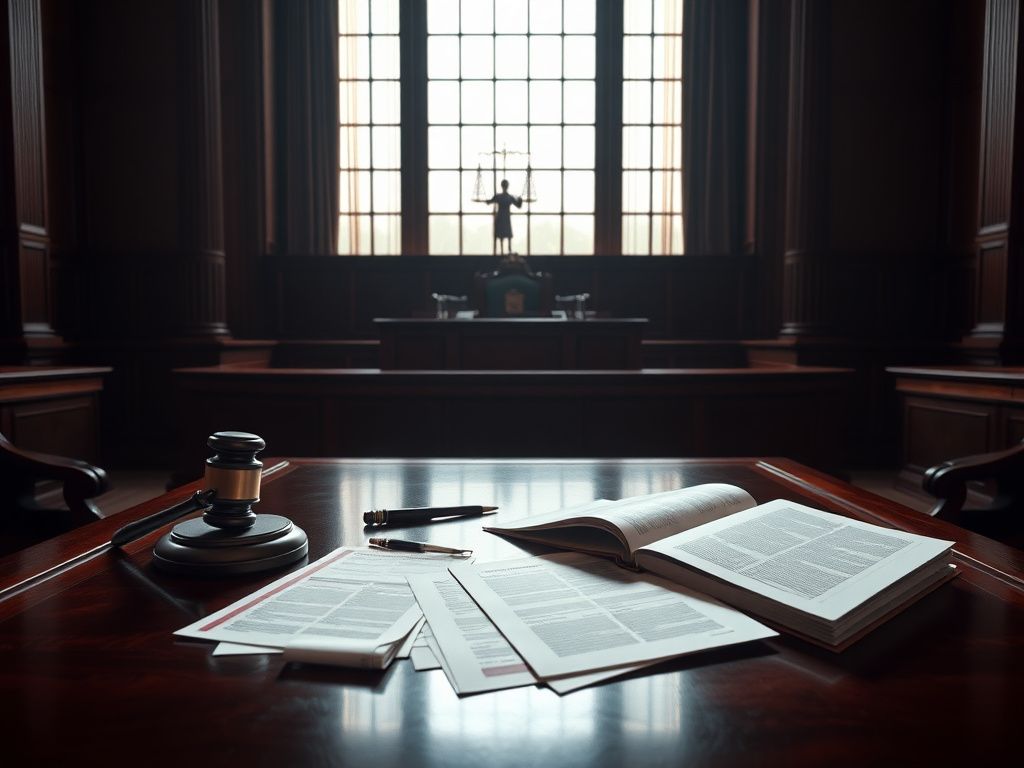 Flick International Dramatic courtroom scene showcasing a wooden judge's bench and empty witness stand