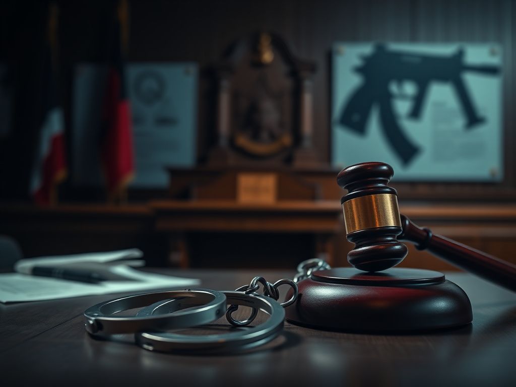 Flick International A dark courtroom scene with handcuffs on a table and a blurred silhouette of a firearm in the background