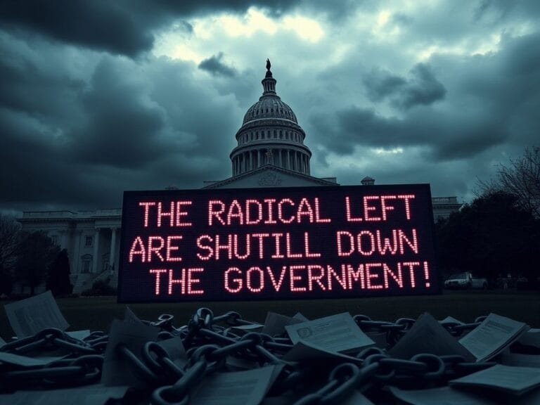 Flick International Dramatic scene of a government building under stormy clouds highlighting the chaos of a shutdown