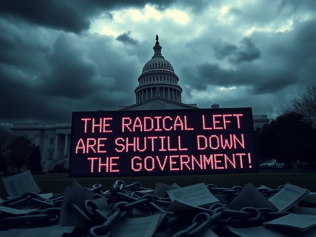 Flick International Dramatic scene of a government building under stormy clouds highlighting the chaos of a shutdown