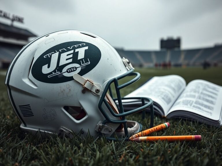 Flick International Close-up of a New York Jets football helmet on a grassy field with a playbook to symbolize team struggles