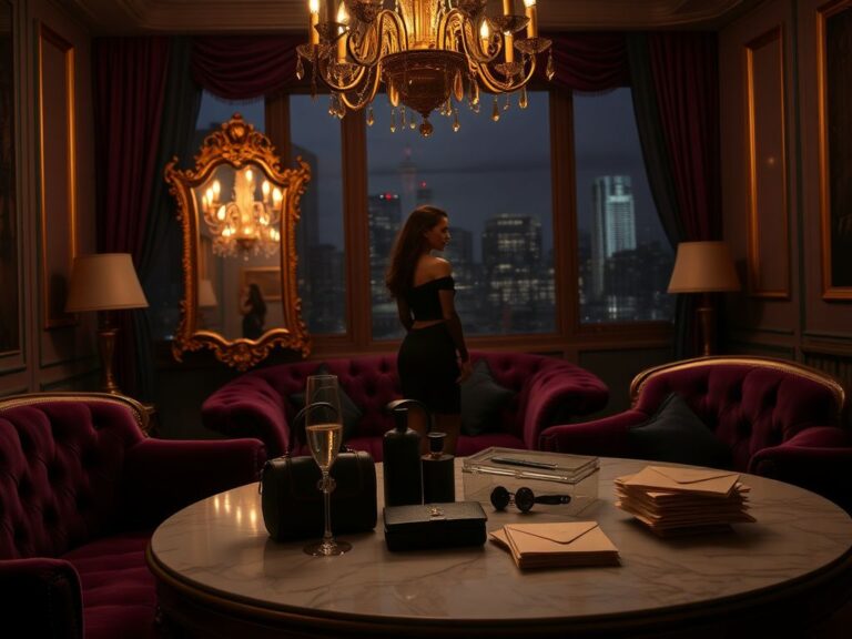 Flick International Luxurious room with vintage chandelier and plush velvet furniture, reflecting a glamorous woman's silhouette in an ornate golden mirror.