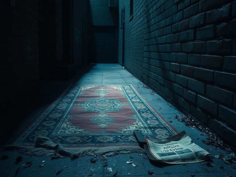 Flick International A dimly lit alleyway featuring a tattered rug and rusted saw, symbolizing a dark mystery.