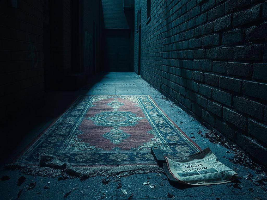 Flick International A dimly lit alleyway featuring a tattered rug and rusted saw, symbolizing a dark mystery.