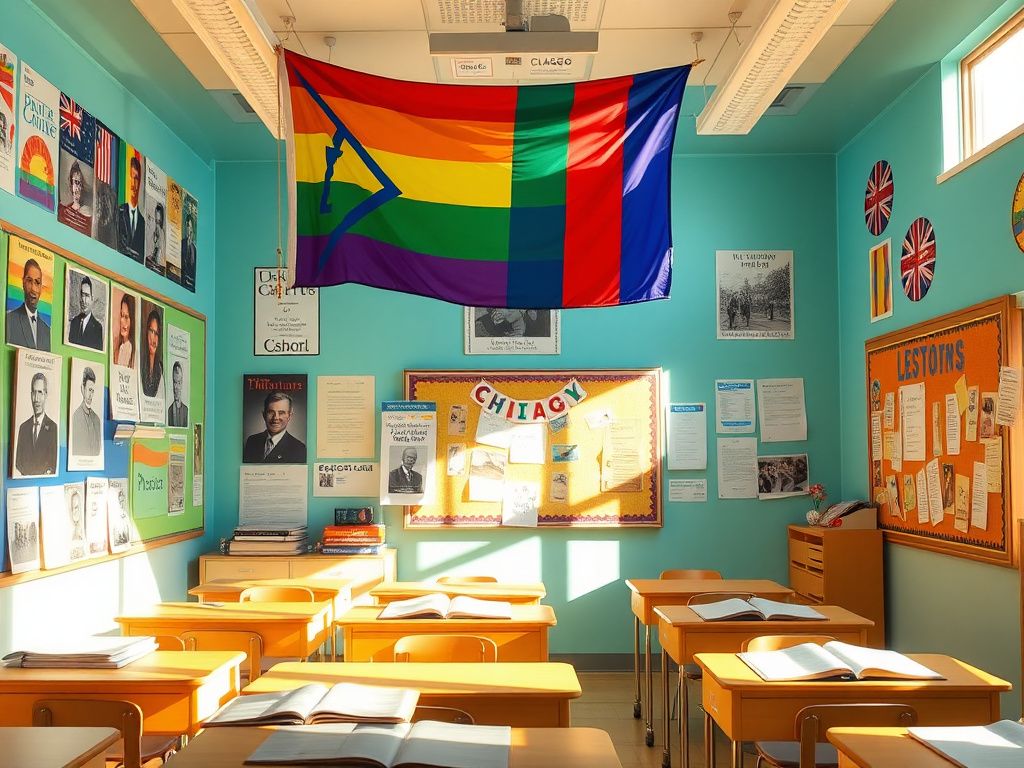 Flick International A vibrant Chicago Public School classroom decorated with LGBTQ+ educational materials and a large Pride flag.