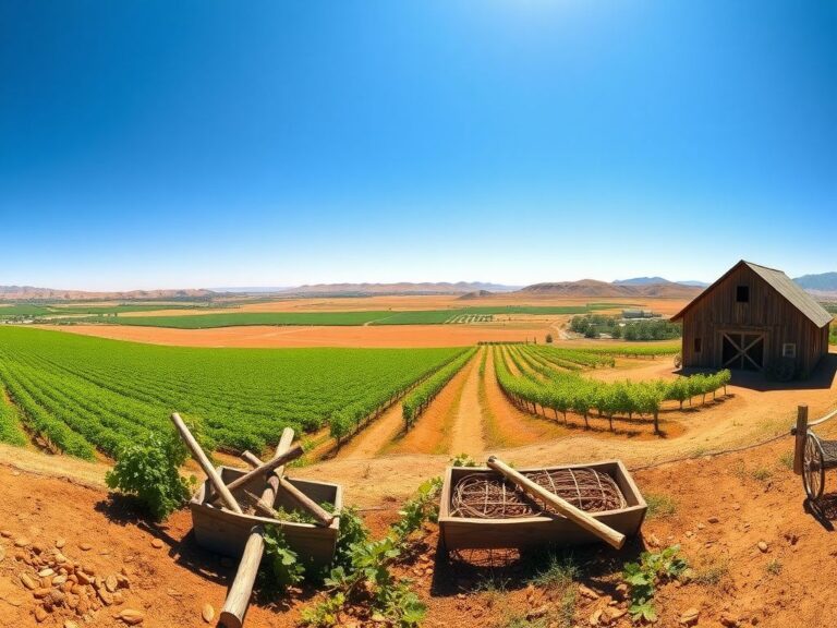 Flick International A panoramic view of California's Central Valley with almond and grape fields under a clear blue sky.