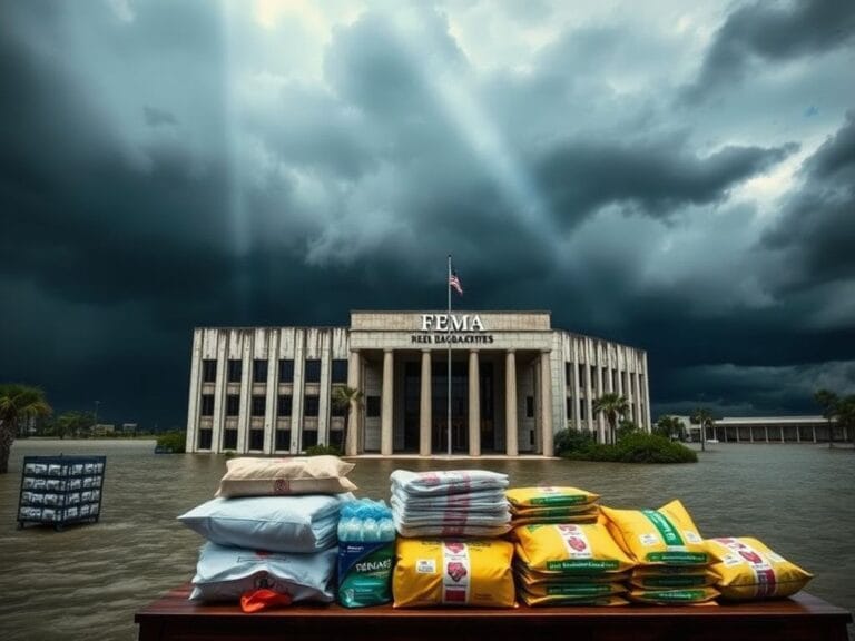 Flick International A weathered FEMA headquarters building surrounded by floodwaters with emergency supplies in the foreground
