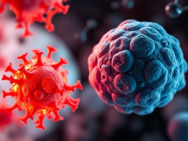 Flick International Close-up view of contrasting tumor cells under a microscope, showcasing vibrant red and orange aggressive cells against muted blue and gray senescent cells.