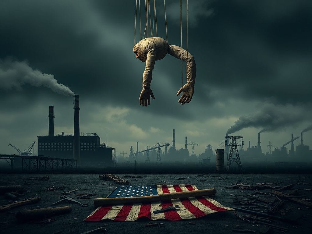 Flick International A darkened landscape with a puppet symbolizing power over a factory floor