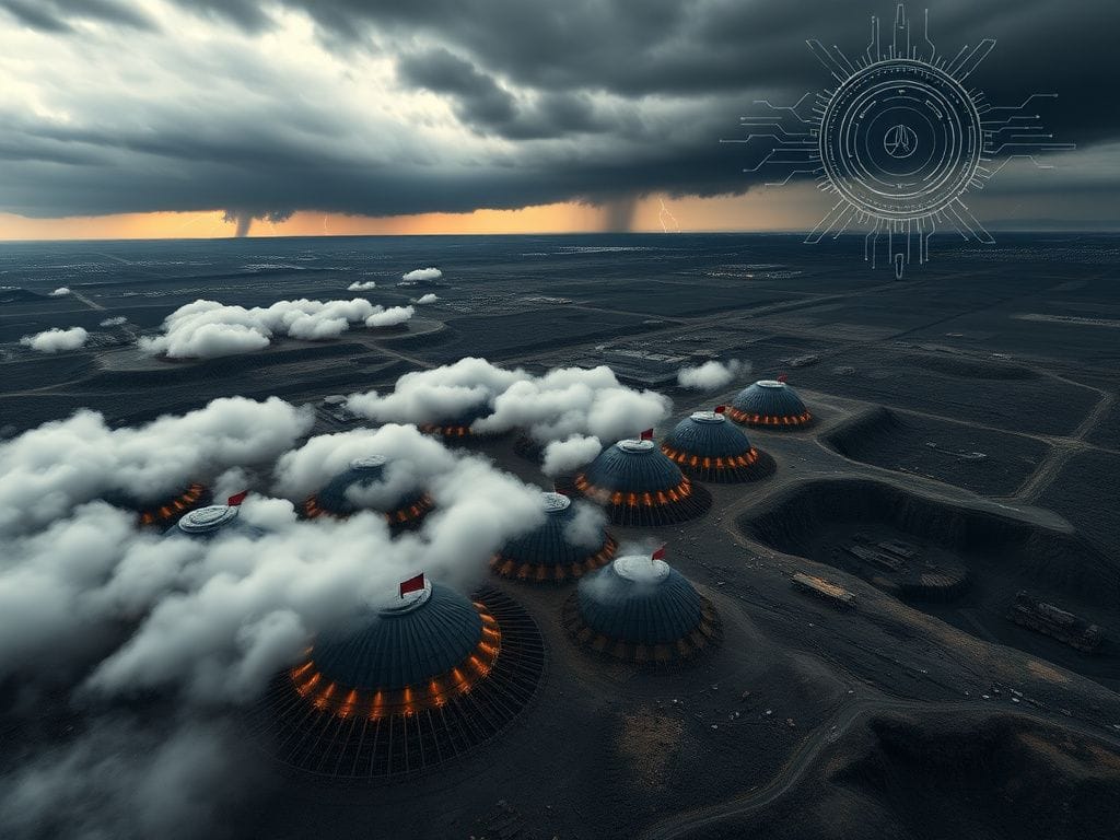 Flick International Aerial view of newly constructed missile silos amidst rugged terrain under an overcast sky.