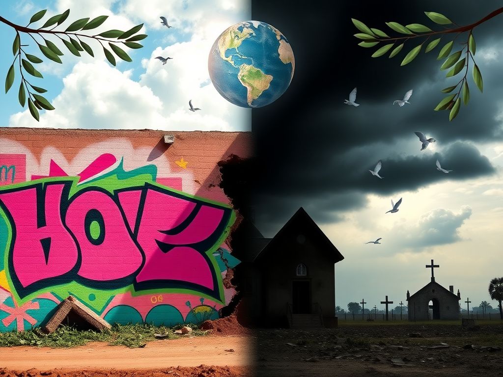 Flick International A vibrant mural and dark landscape illustrating the contrast between hope and the struggles of persecuted Christians in Nigeria.