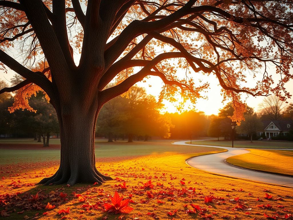 Flick International A serene park scene at dusk showcasing an oak tree surrounded by autumn leaves