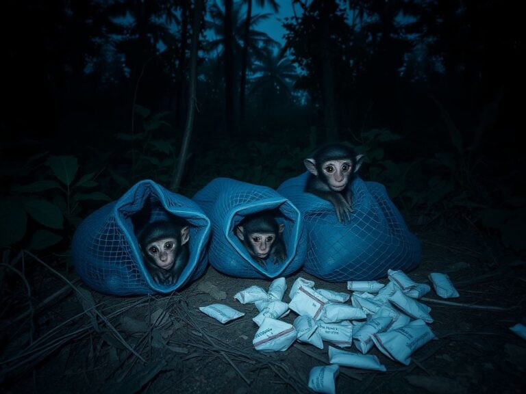 Flick International Dark forest scene with blue net bags showing frightened monkeys and surrounding meth packets