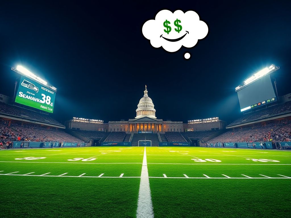 Flick International Dramatic football stadium scene at night with Seahawks scoreboard and U.S. Capitol in the background