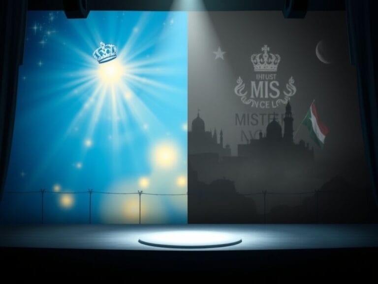 Flick International A divided stage at an international pageant symbolizing conflict and culture