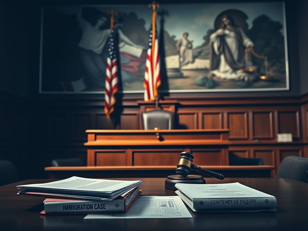 Flick International Courtroom scene with empty judge's bench and gavel symbolizing judicial authority in immigration case