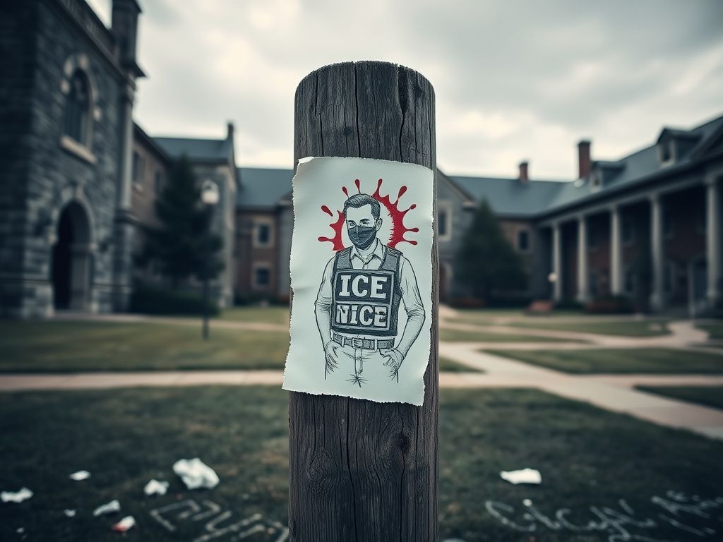 Flick International A weathered wooden post displaying a graphic depiction of an ICE agent in a violent scene at UW-Madison campus