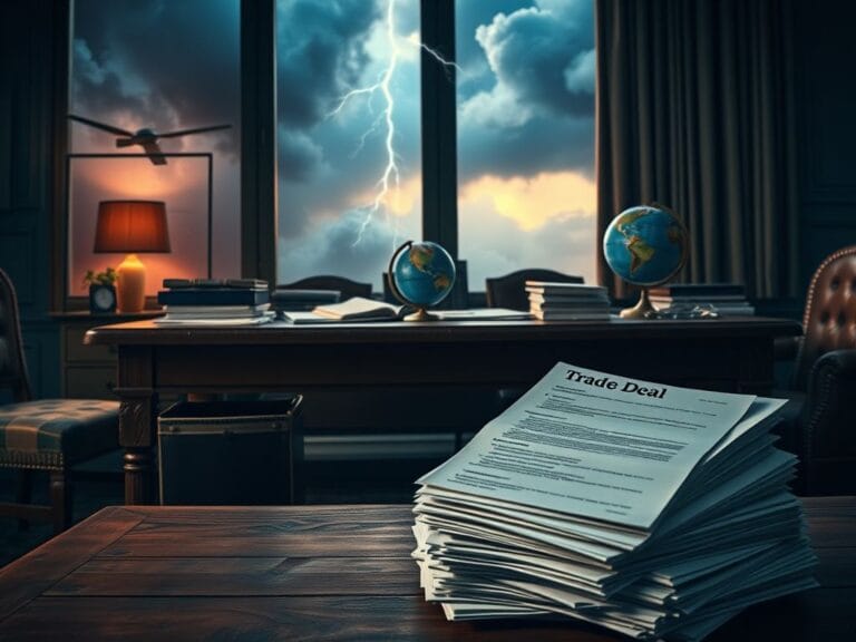 Flick International A dramatic scene of a large wooden desk with trade documents and a globe, symbolizing tense global negotiations