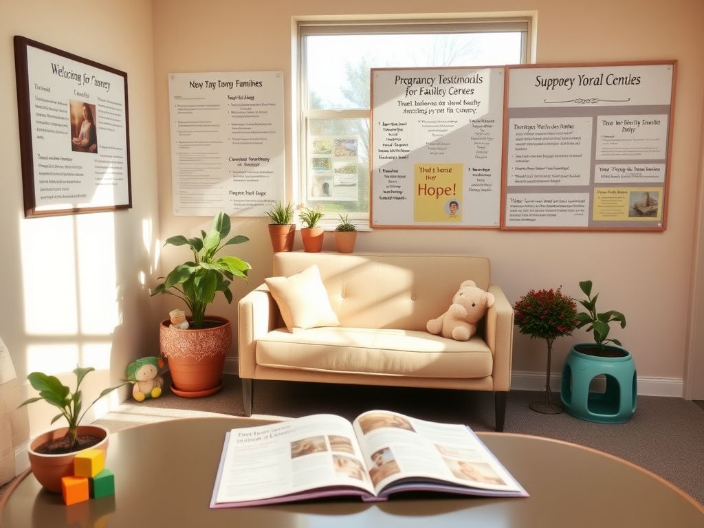 Flick International Serene interior scene of a welcoming pregnancy resource center with a comfortable couch and children's toys.