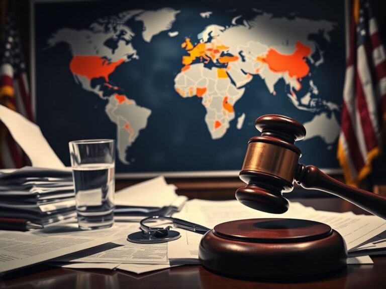 Flick International Close-up of a cluttered desk with trade documents and a gavel, representing tense negotiations