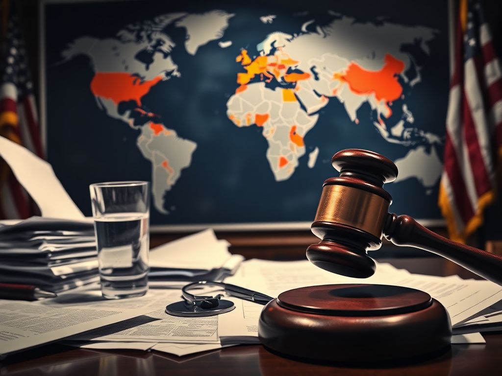 Flick International Close-up of a cluttered desk with trade documents and a gavel, representing tense negotiations