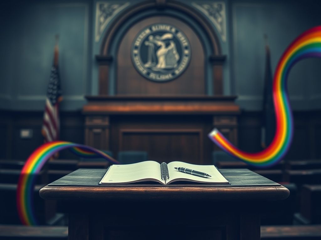 Flick International Abstract representation of a government hearing setting with an empty wooden podium and open notebook