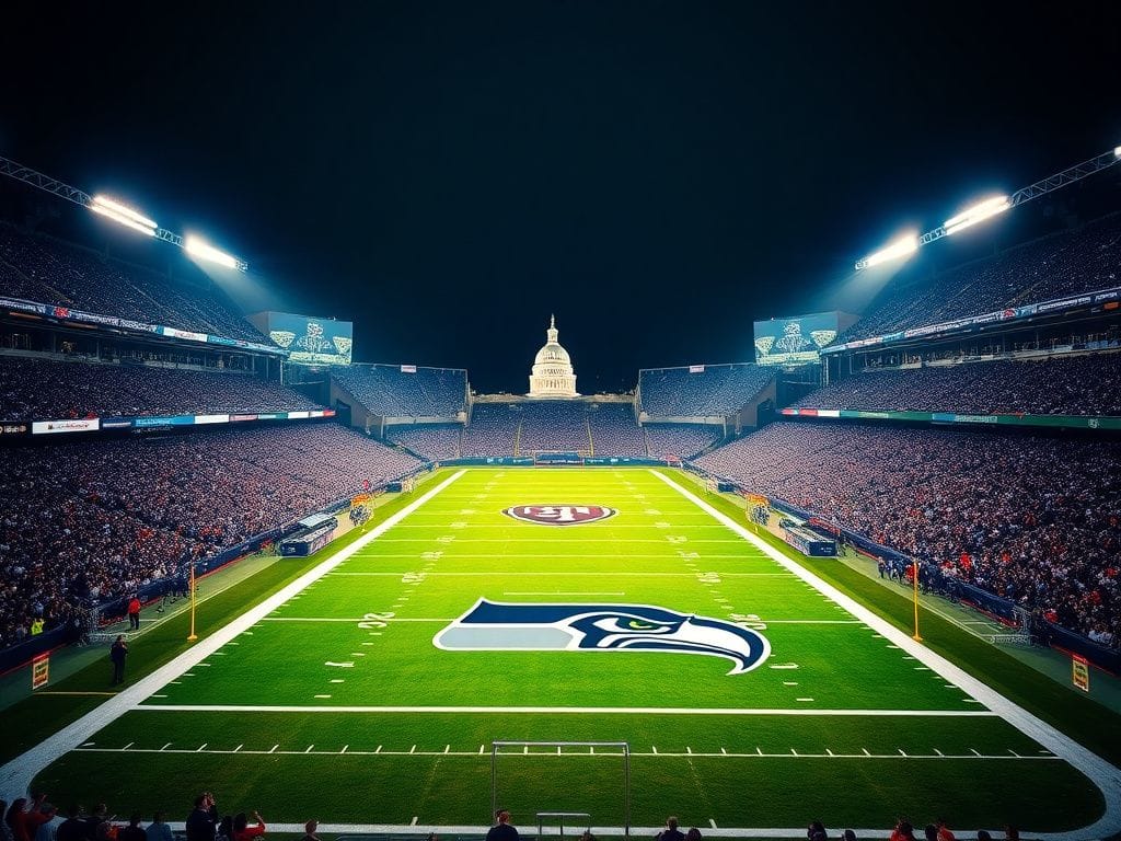 Flick International A dynamic football stadium scene with bright green turf, featuring Seattle Seahawks and Washington Commanders logos under nighttime lights.