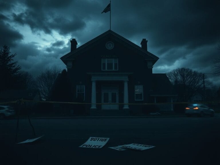 Flick International Atmospheric view of a dimly lit municipal building under dark clouds with security measures in place.