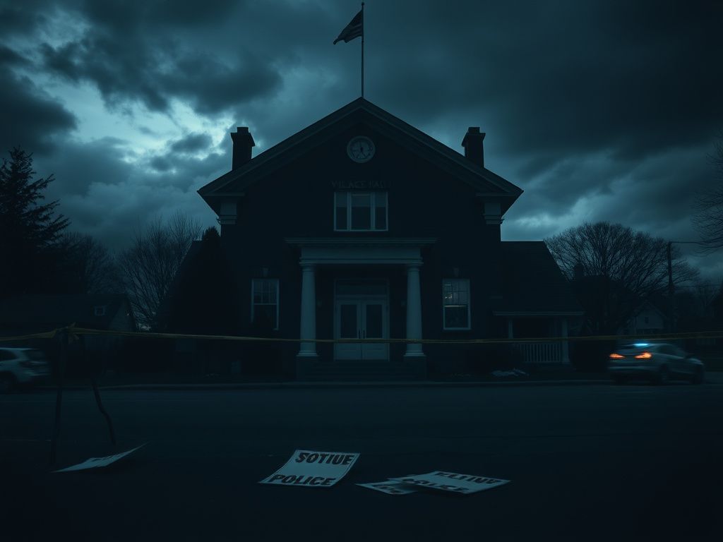 Flick International Atmospheric view of a dimly lit municipal building under dark clouds with security measures in place.