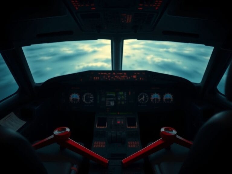 Flick International Dramatic view of an airplane cockpit from an empty pilot seat with a cloudy sky visible through the windshield