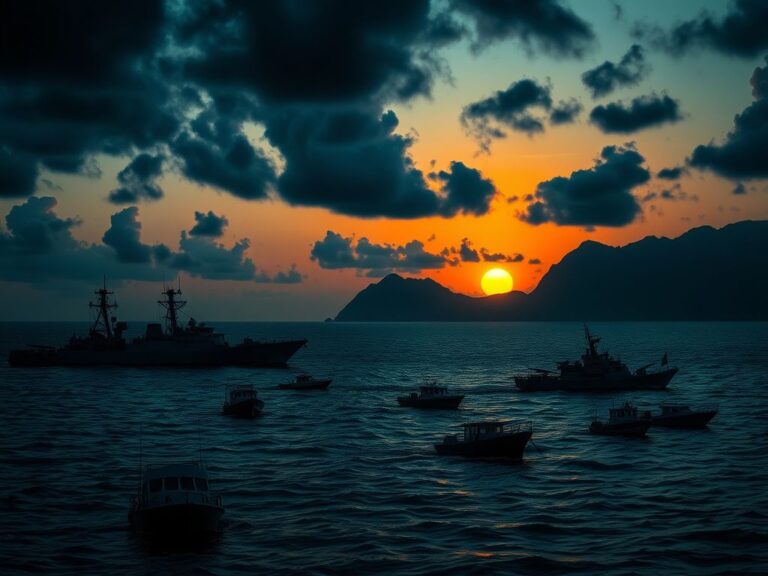 Flick International A tense landscape of the Caribbean Sea at dusk with silhouettes of naval ships and dark storm clouds