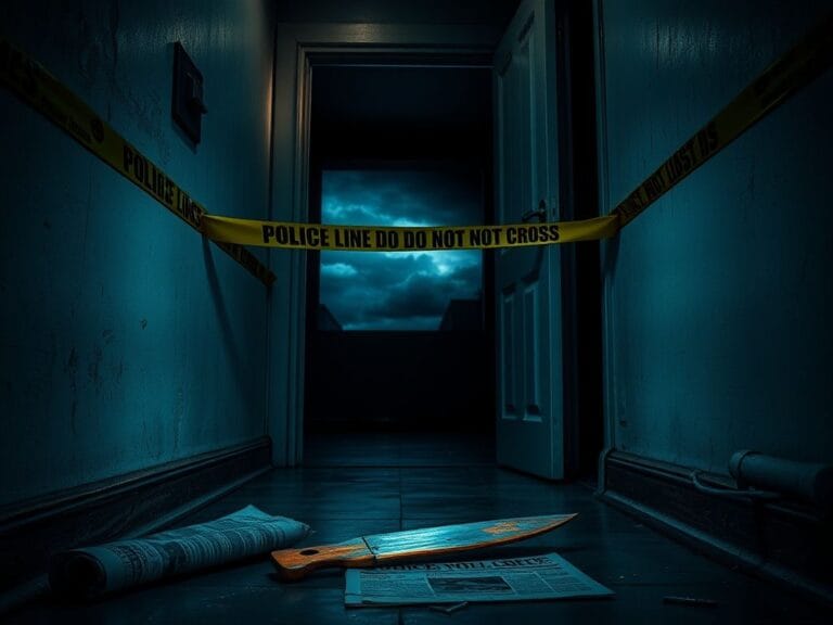 Flick International Dimly lit Baltimore apartment hallway with police tape and ominous shadows