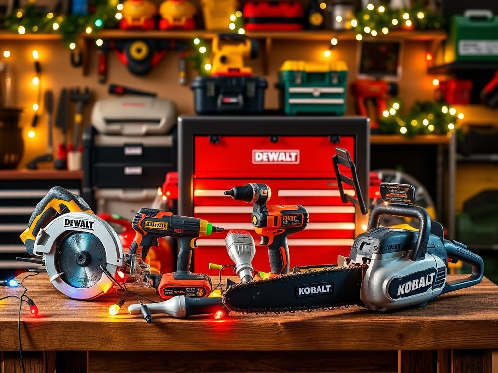 Flick International A display of DeWalt, Craftsman, and Kobalt tools on a wooden workbench, surrounded by colorful holiday lights.