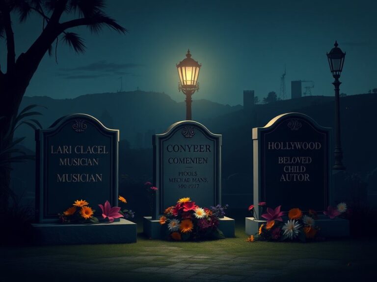 Flick International Dimly lit Hollywood cemetery at dusk with unadorned tombstones for deceased celebrities