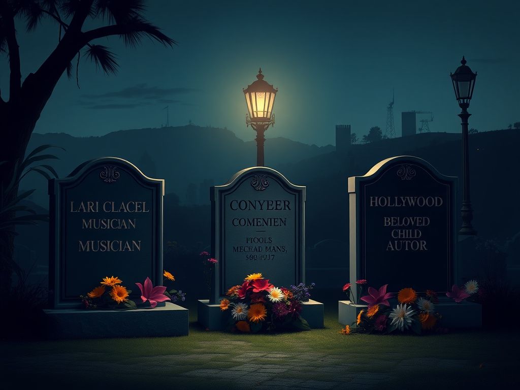 Flick International Dimly lit Hollywood cemetery at dusk with unadorned tombstones for deceased celebrities