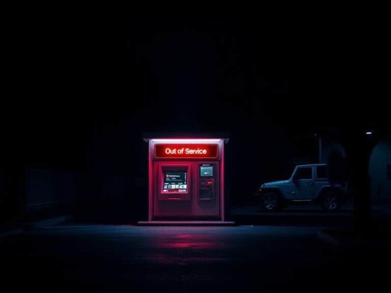 Flick International Modern drive-thru ATM at night showing 'Out of Service' message in red