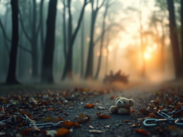 Flick International Serene misty forest at dawn with a teddy bear on a path, symbolizing rescued children