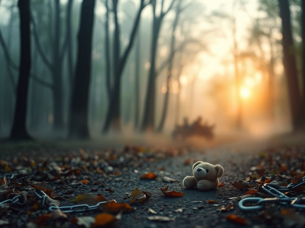 Flick International Serene misty forest at dawn with a teddy bear on a path, symbolizing rescued children