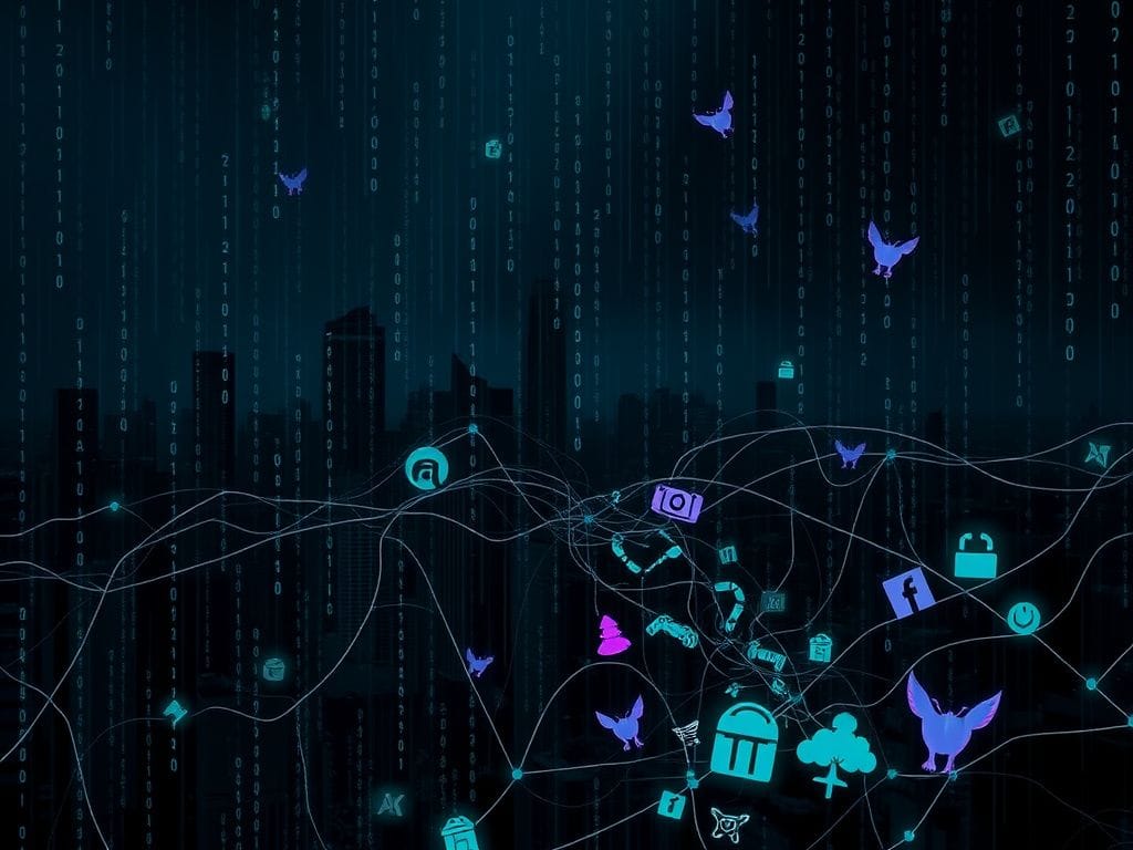 Flick International Dark, moody digital landscape depicting tangled web of online accounts related to would-be Trump assassin