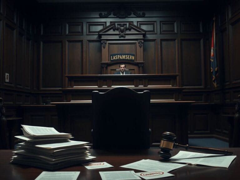 Flick International A somber courtroom scene with an empty chair at the defendant's table, symbolizing Danny Masterson's absence.
