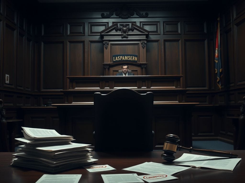 Flick International A somber courtroom scene with an empty chair at the defendant's table, symbolizing Danny Masterson's absence.