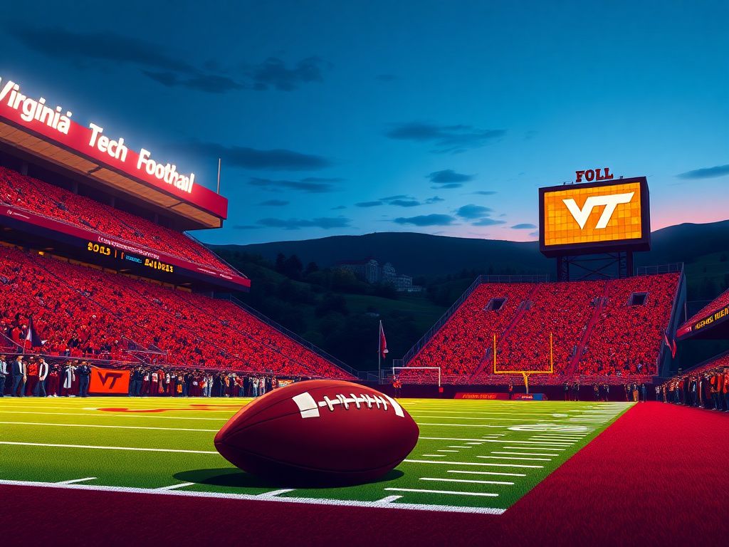 Flick International Dynamic illustration of Virginia Tech football stadium at dusk with Hokies memorabilia
