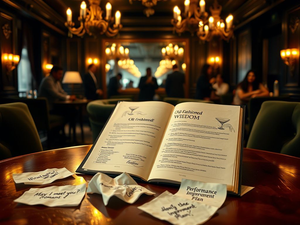 Flick International A vintage cocktail menu in an upscale bar with humorous napkins scattered around.