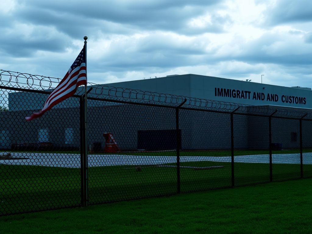 Flick International Exterior view of an Immigration and Customs Enforcement (ICE) facility in St. Louis, Illinois, under a cloudy sky