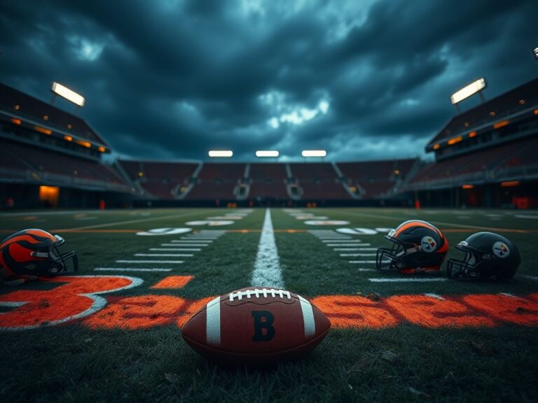 Flick International A dramatic low angle view of a football field at dusk, showcasing scattered helmets and pads after a heated NFL game.