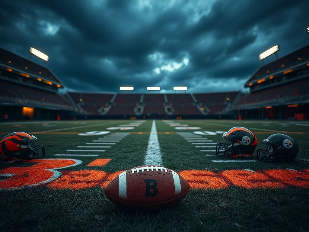 Flick International A dramatic low angle view of a football field at dusk, showcasing scattered helmets and pads after a heated NFL game.