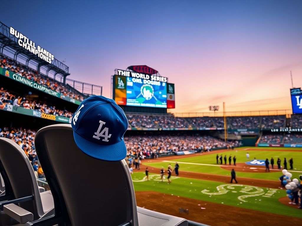 Flick International Baseball stadium filled with excited fans celebrating the Dodgers' victory