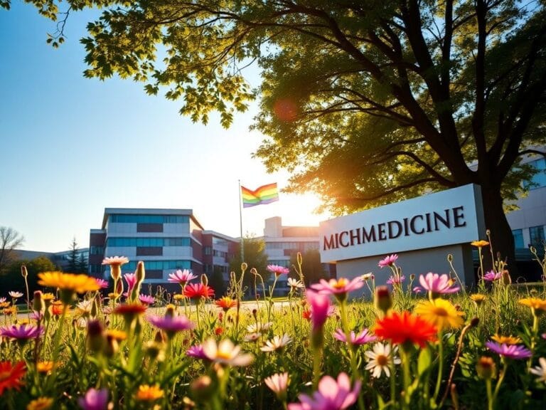 Flick International A serene image of vibrant wildflowers in front of Michigan Medicine, symbolizing diversity and acceptance.