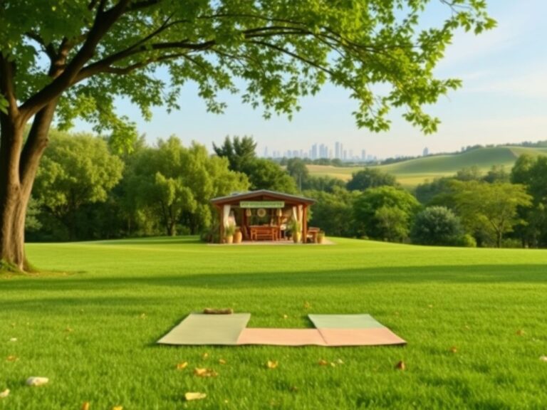 Flick International A serene landscape with a lush green park, yoga mats, and a cozy climate café amidst nature.